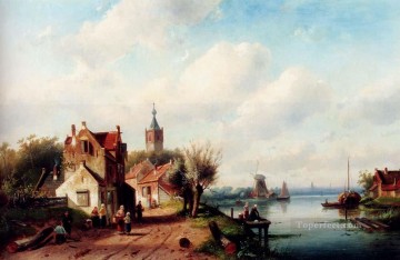 A Village Along A River A Town In The Distance landscape Charles Leickert Oil Paintings